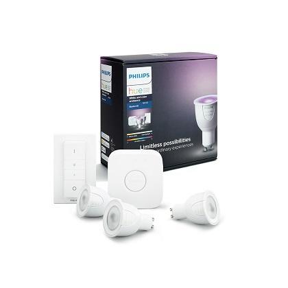 PHILIPS Hue White & Color Ambiance set me 3 eksypnoys lamptires 6.5W GU10 + Philips Hue Bridge + diakopths Dimmer