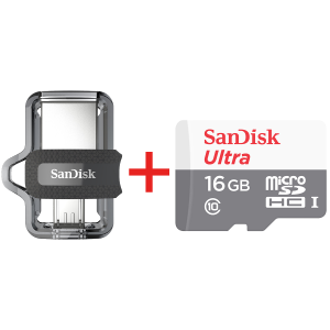 SANDISK κάρτα μνήμης Ultra microSDHC 16GB + μνήμη Ultra Dual Drive m3.0 16GB