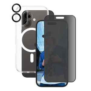 Γυαλί Προστασίας Οθόνης Ultra - Wide Fit Privacy + Φακοί Προστασίας Κάμερας με Πλαίσιο + Διάφανη Θήκη Hard Case MagSafe PANZERGLASS για iPhone 16