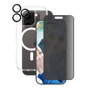 Γυαλί Προστασίας Οθόνης Ultra - Wide Fit Privacy + Φακοί Προστασίας Κάμερας με Πλαίσιο + Διάφανη Θήκη Hard Case MagSafe PANZERGLASS για iPhone 16 Pro