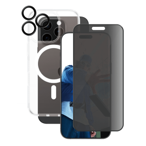 Γυαλί Προστασίας Οθόνης Ultra - Wide Fit Privacy + Φακοί Προστασίας Κάμερας με Πλαίσιο + Διάφανη Θήκη Hard Case MagSafe PANZERGLASS για iPhone 16 Pro Max